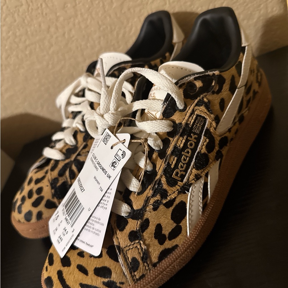 Reebok Club C Leopard Print Sneakers in Tan Black White